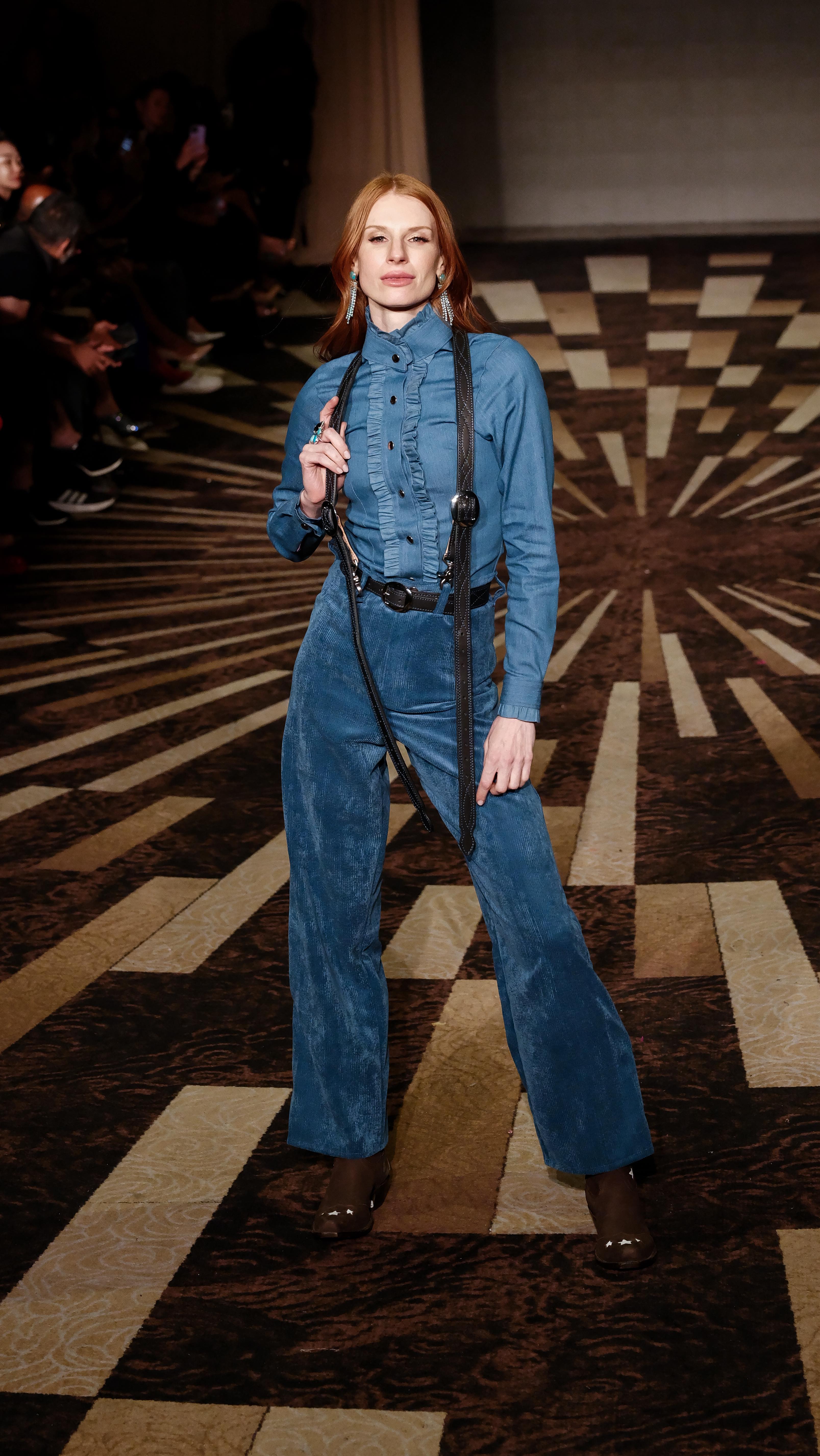 FW19 Lookbook - Look 1 - Gallagher Knit, Waxed Flared Denim 