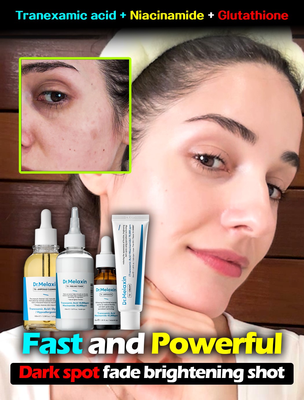 This routine completely cleared up my dark spots! ✨, It’s the Dr. Melaxin TX routine, featuring tranexamic acid as the main ingredient!, This ingredient is a powerful one that experts often use for 