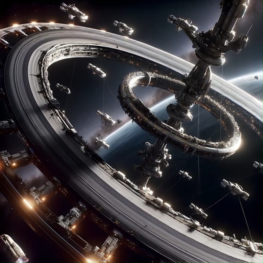 A colossal orbital habitat ring spins slowly against the void, its ...