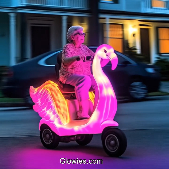 Every night after dinner, Grandma hops on her glowing flamingo scooter ...