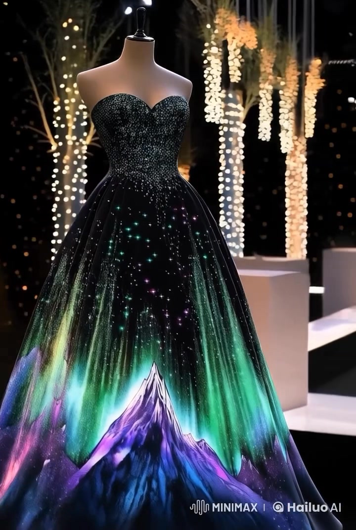 northern lights formal dress An aurora borealis wedding looks just like the beautiful in the sky. It shines with soft colors like blue, green, and purple, making the bride look like a magical northern lights aurora borealis inspired dress