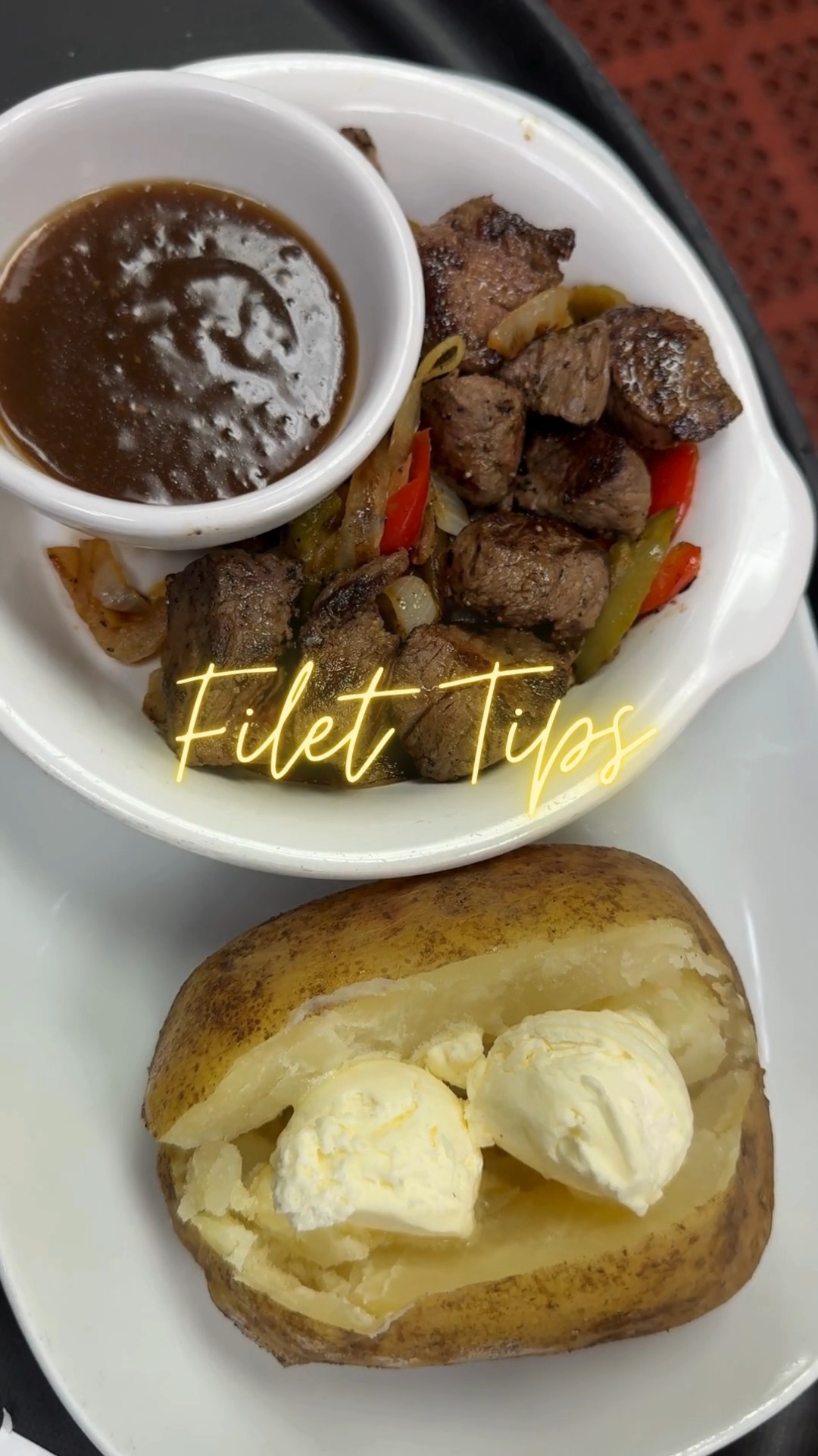 Our Filet Tips are served with peppers, onions, and brown gravy...the ...