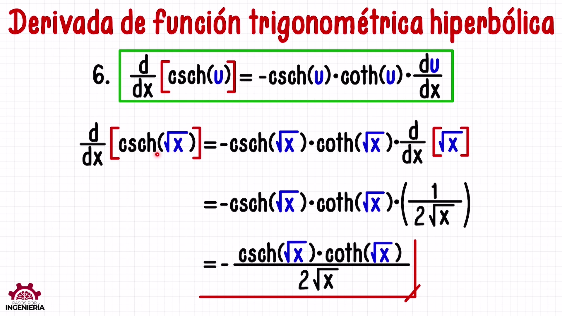 Pasos por ingeniería - DERIVADA DE CSCH( RAÍZ de X ) DERIVADA DE CSCH(U ...