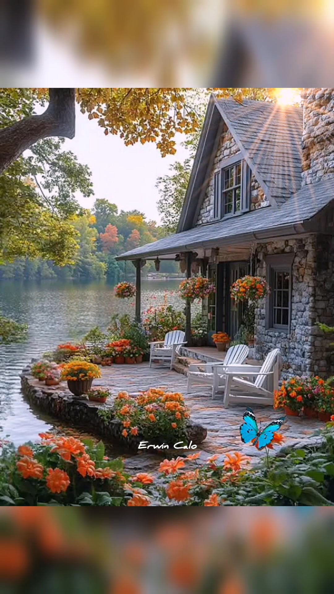 Japanese style house near lake with plum blossoms