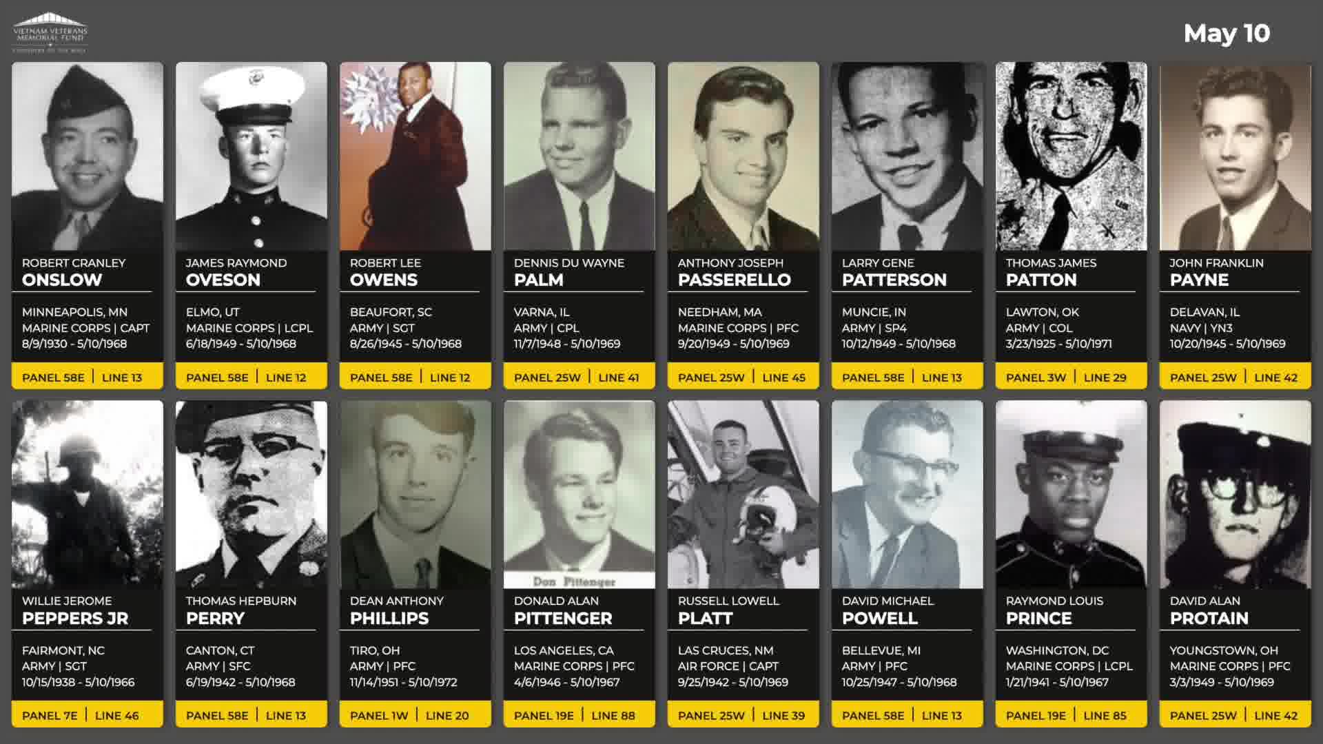 Daily Virtual Reading Of The Names Series May 10 We Honor Those That Died On May 10 Between 1956 1975 During The Vietnam War This Series Is A By Vietnam Veterans Memorial Fund Facebook