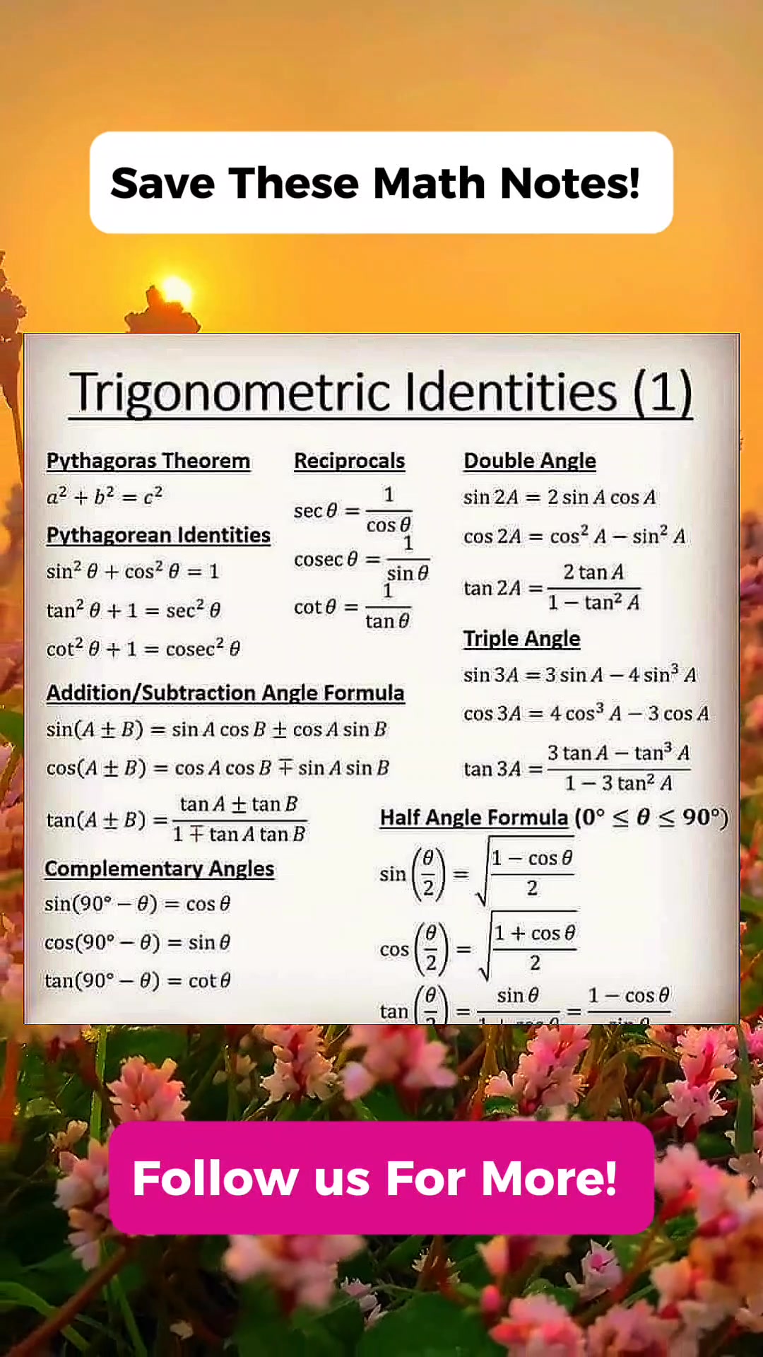 Trigonometric Identities Math Notes | Math Tricks Tutorial | Facebook