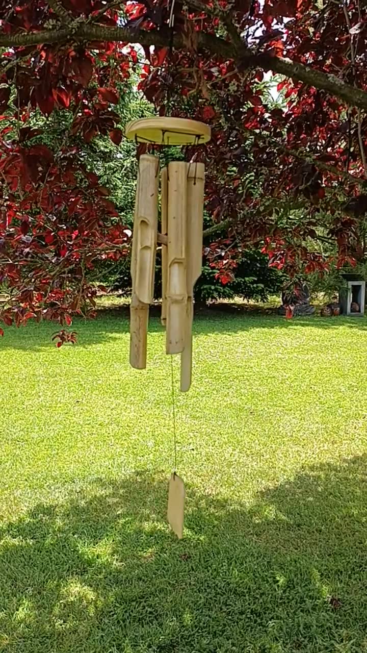 Carillon à Vent En Bambou Naturel - Son Doux Mélodique, 4 Accords (Do, Ré, Sol, Fa) - Décoration Balcon, Jardin, Noël - Longueur 16,7 Cm