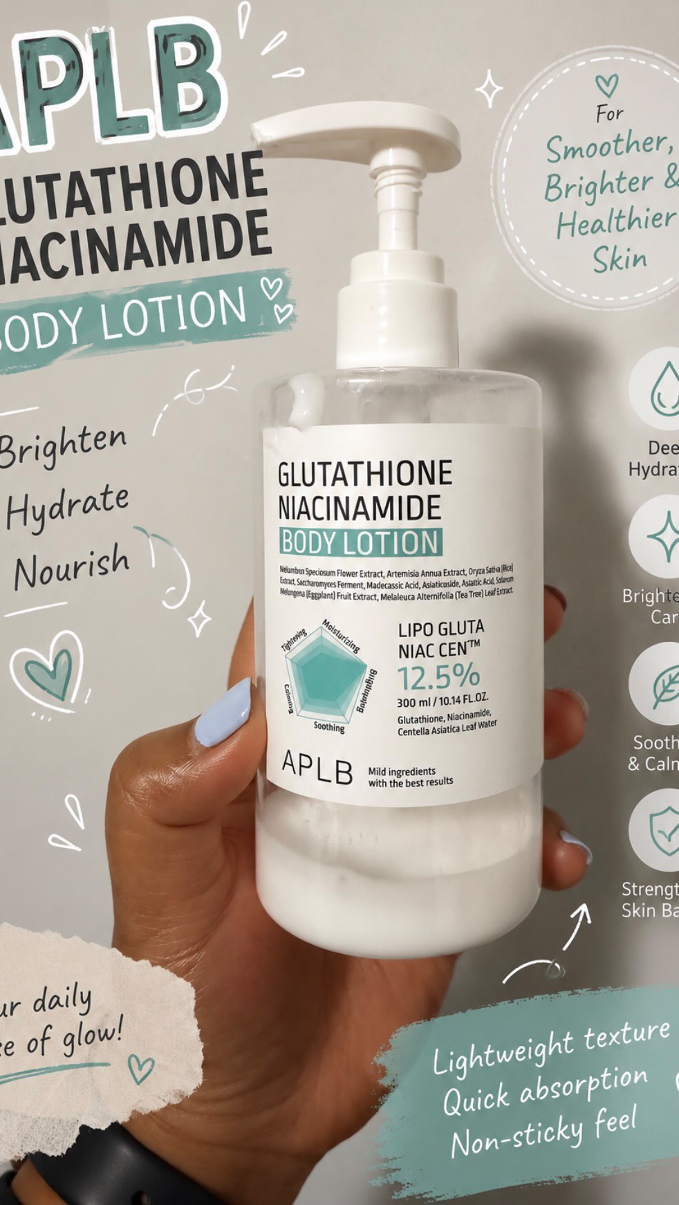 ✨APLB GLUTATHIONE NIACINAMIDE BODY LOTION ✨, Me and my mom use this lotion and its non-sticky formula is safe for sensitive skin! , Use code LWTRISH9 at YesStyle for extra discount *gifted* #aplb 