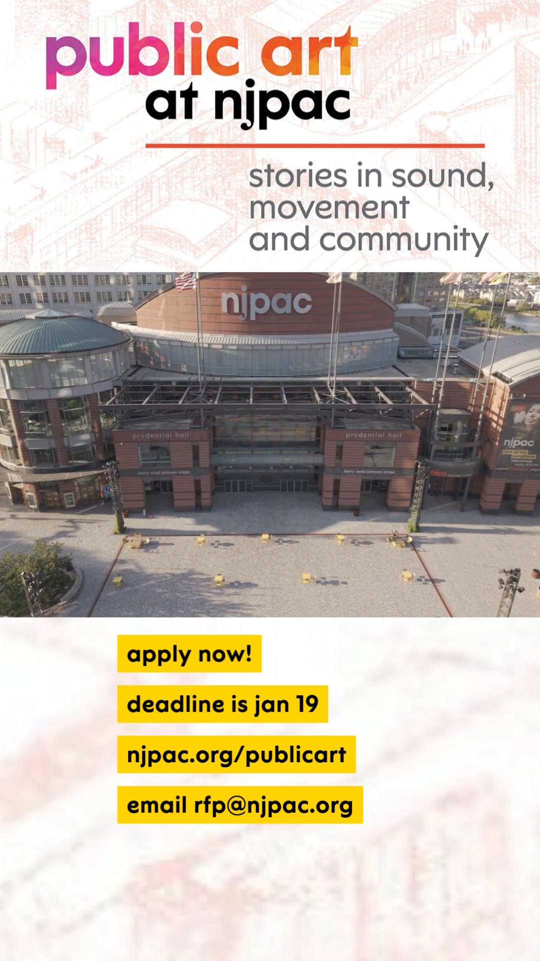 APPLY BY JAN 19! NJPAC is commissioning 13 new public artworks