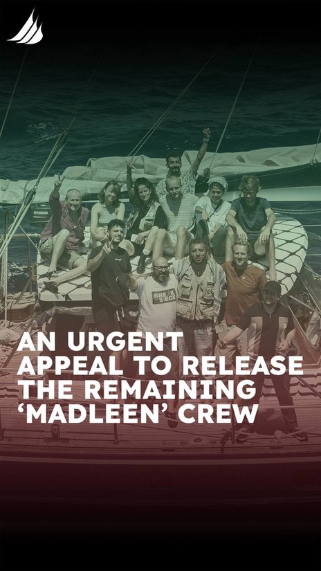 Three members of the Madleen team—Pascal Maurieras, Yanis Mhamdi, and ...