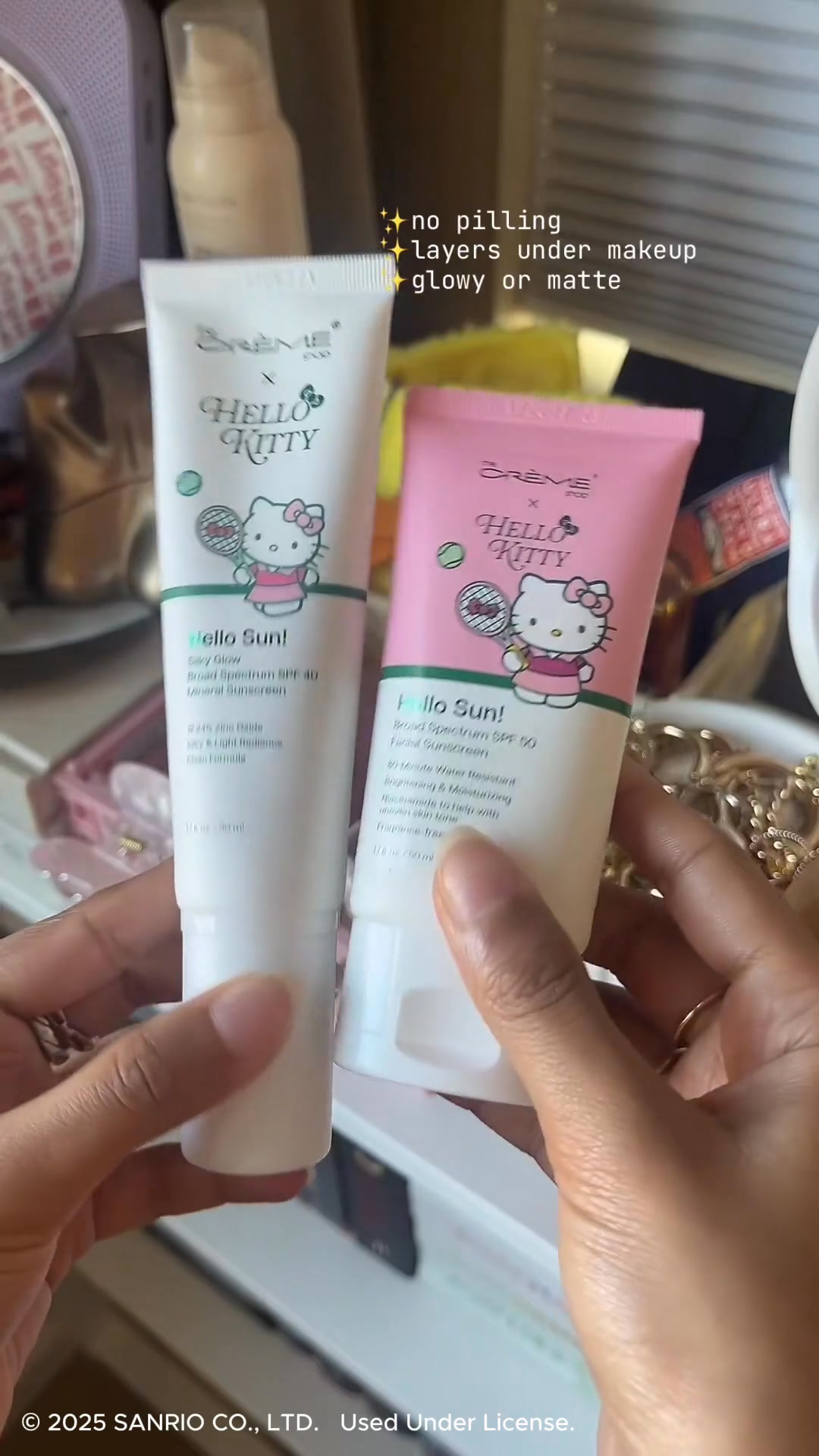 both @hellokitty sunscreen formulas will layer perfectly under your daily makeup routine, great for daily use✨, #thecremeshop #hello kitty #sanrio #hellosunsunscreen | The Crème Shop