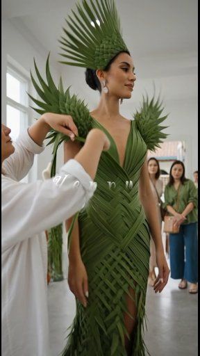 dress made of green leaves Weaving coconut into queen nature dress. , #wofencoconutleafdress, #artcreativity, #natureart, #handwofencraft, #environment | Yenny Darome green dress wrap