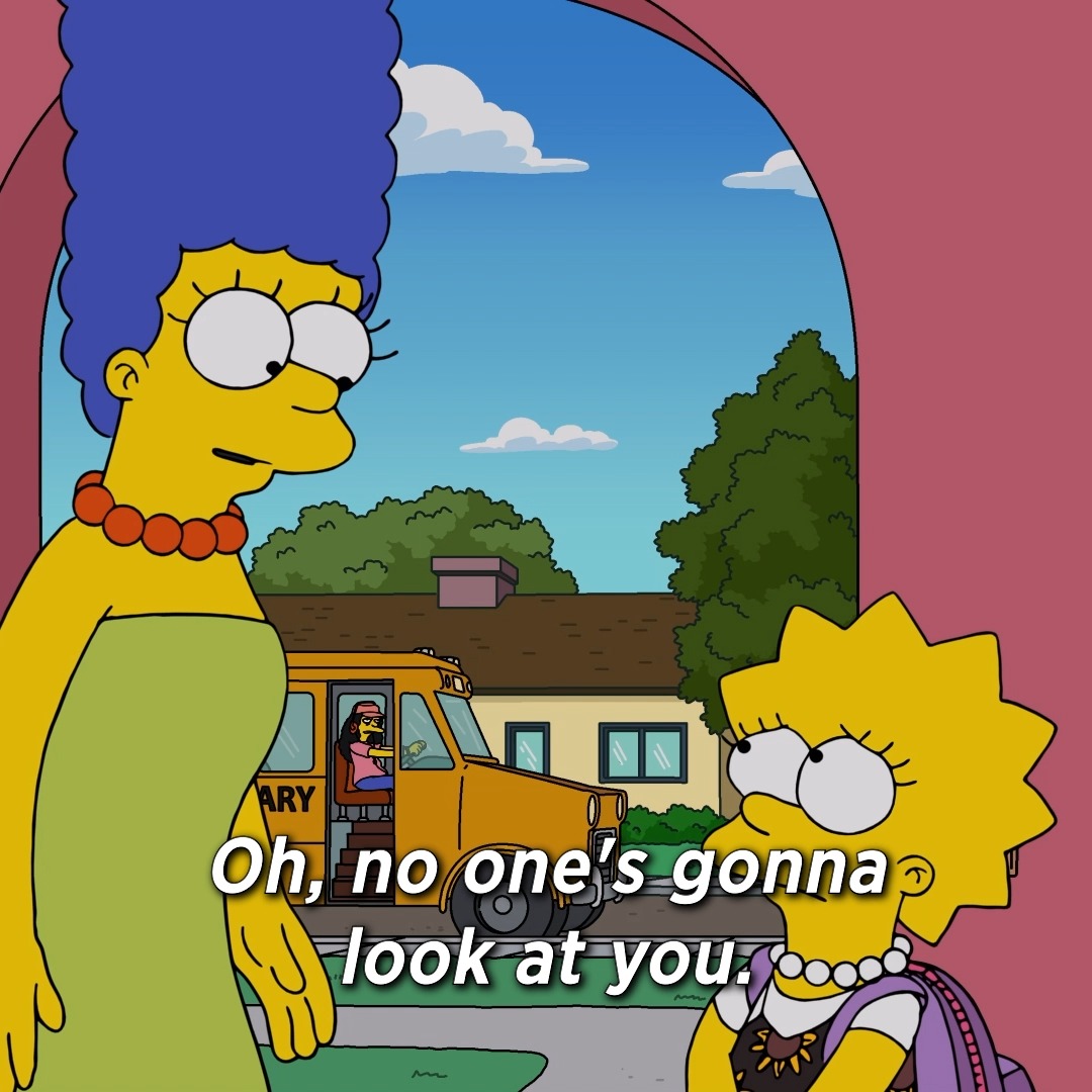 marge simpson wearing brown dress Marge Simpson in a gold full-skirt gown, Moe wearing a boxy wool coat,  Patty and Selma Bouvier in chic outerwear, Smithers in a red off-the  shoulder gown.  Fresh from Paris Fashion