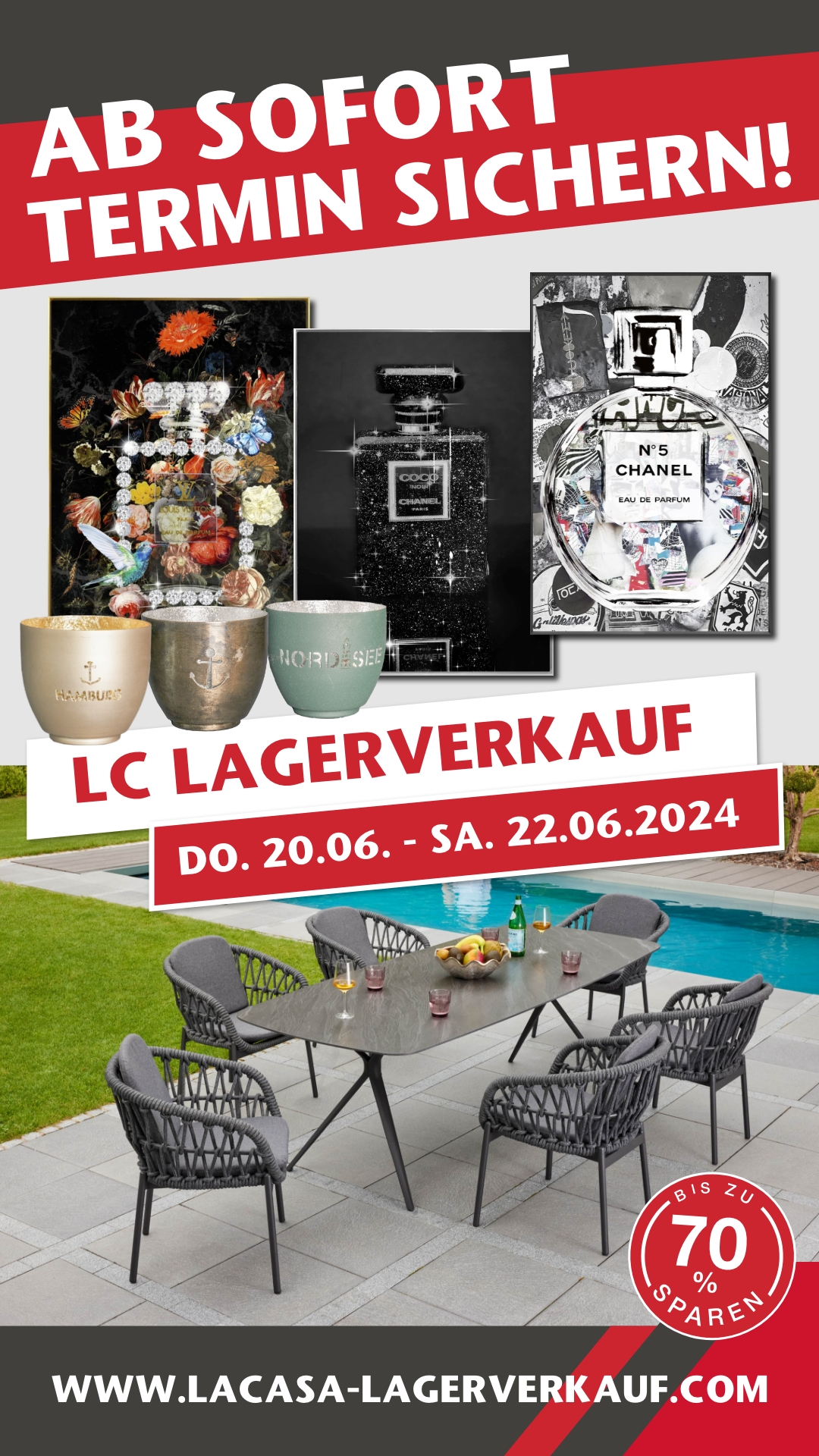 📢 LC Lagerverkauf im Juni bis zu -70% 🛍️, 📅 20.-22.06.24 in Braak bei Hamburg, 🎟️ Ab sofort exklusive & kostenlosen Termin sichern!, 🪑 Bis zu 70% sparen auf Gartenmöbel, Möbel und Wohnaccessoires!, 🔗