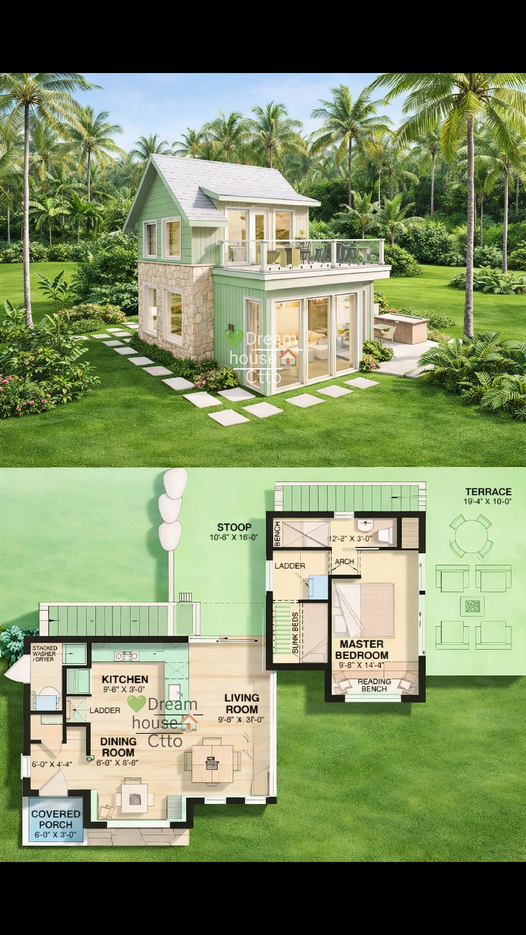 🌿A smart 2-level tiny home design featuring an open living–dining area ...