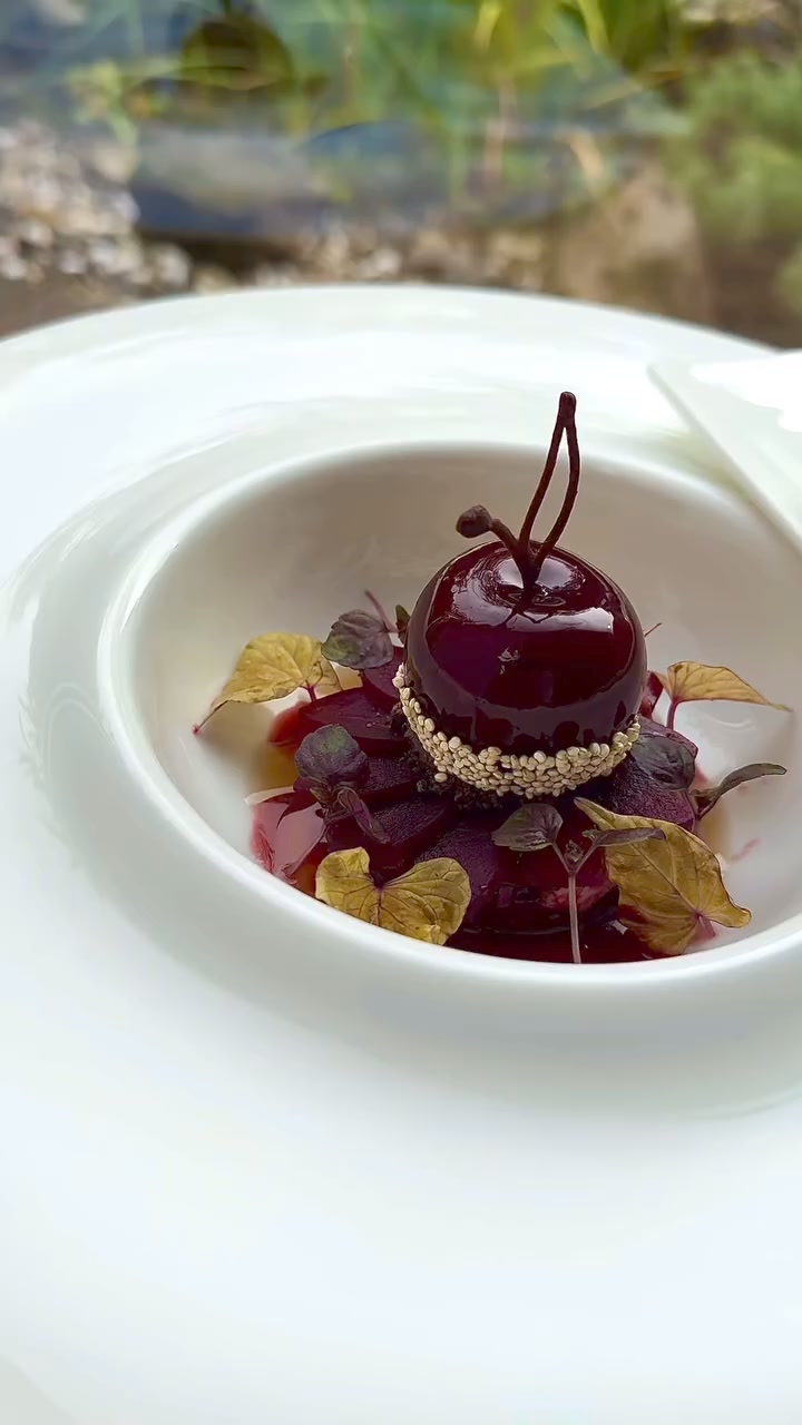 Foie Gras Cherry with foie gras, Wagyu A5 Kagoshima, cherry, radicchio ...
