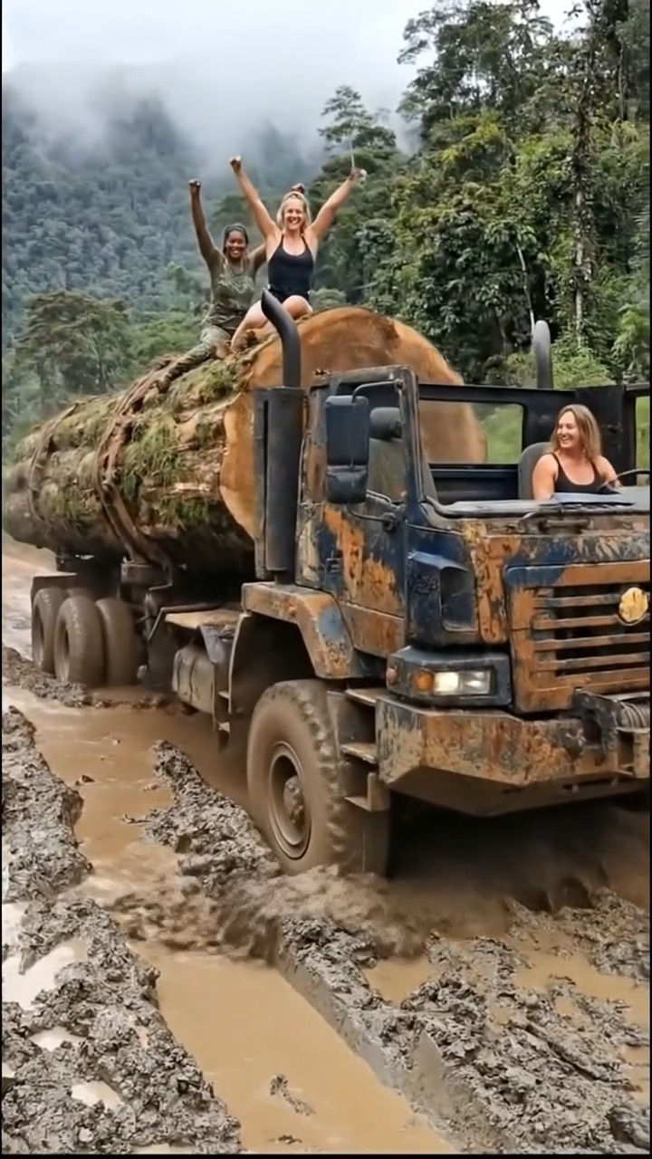 Deep in the forest, a rugged logging truck struggles through a muddy ...