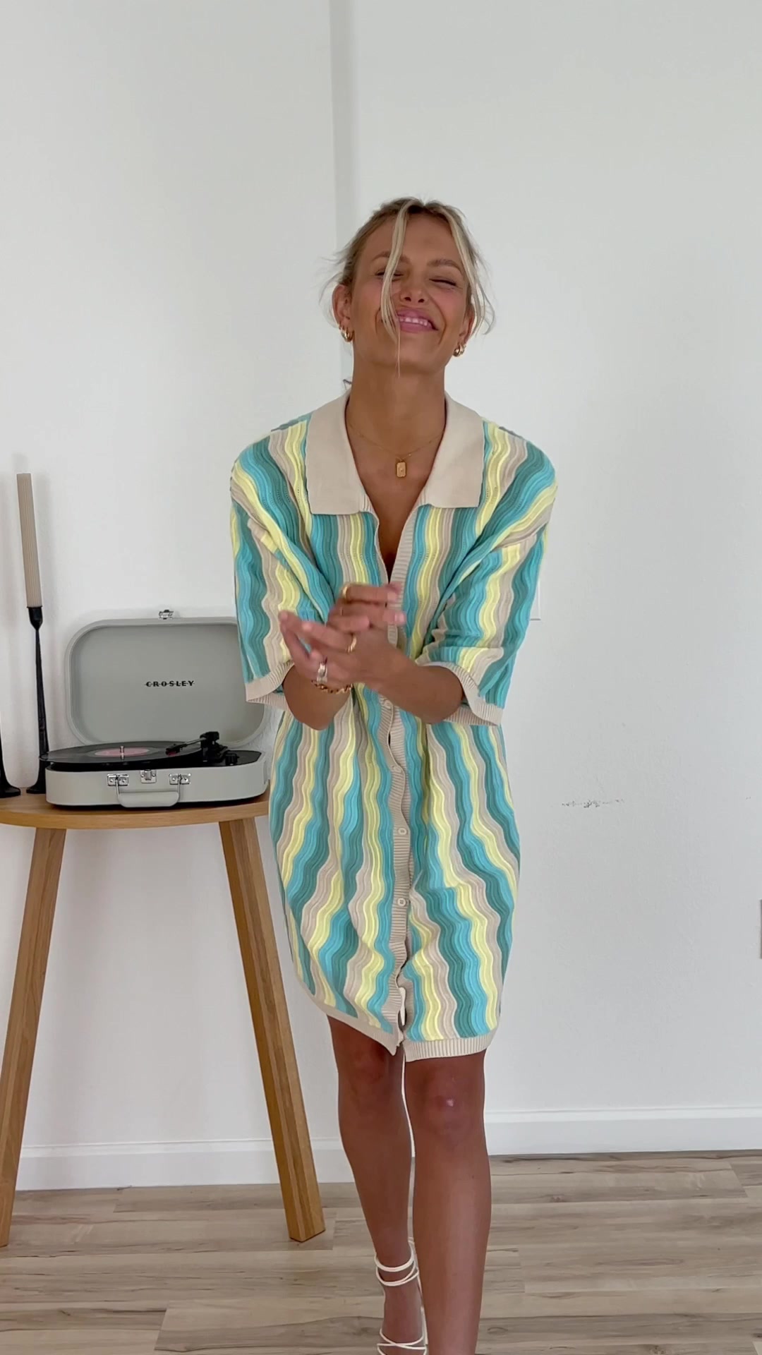 felix knit dress — TROPIC, A twist on the classic t-shirt dress, the Felix Knit Dress features multicolored scalloped waves and a soft folding collar for a luxe but comfortable feel 2=handle1=5 Drawer Dresser=richmond-ridged-chest-of-5-drawers-matte-sage-green