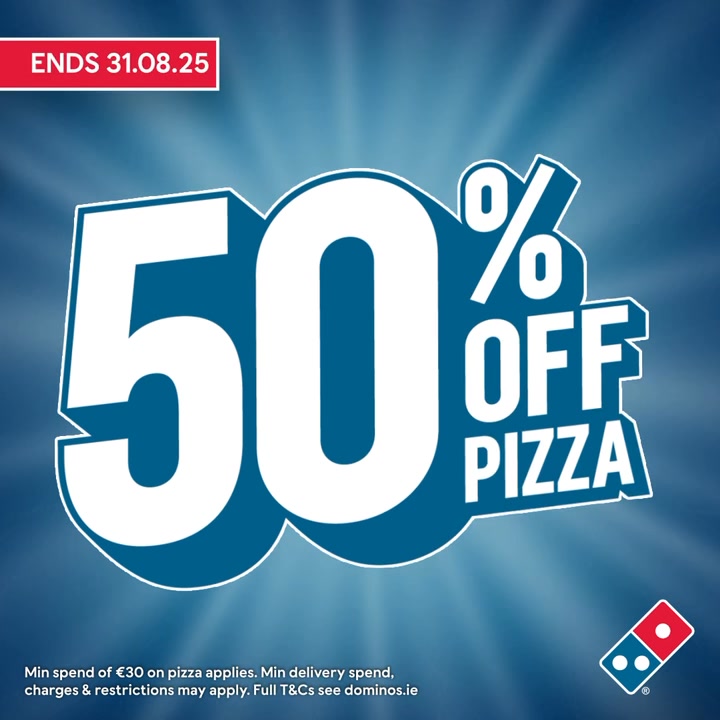 🎉Big news, Pizza lovers🎉, Your local Domino’s just dropped a MEGA DEAL you don’t want to miss 🙌, 🍕Get 50% off pizza when you spend €30 or more 🍕, Don’t miss out on- Get your half price pizza now! ,