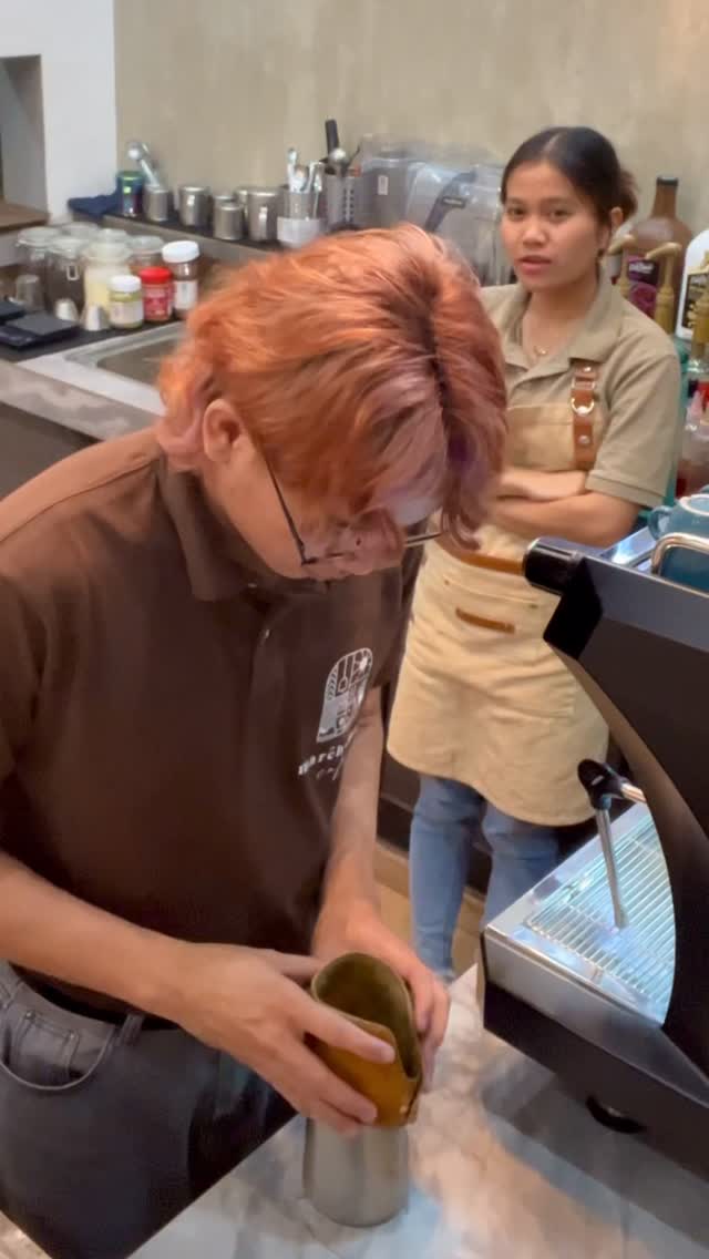 “Making latte art with a little mischief in the background! ☕️😂 # ...