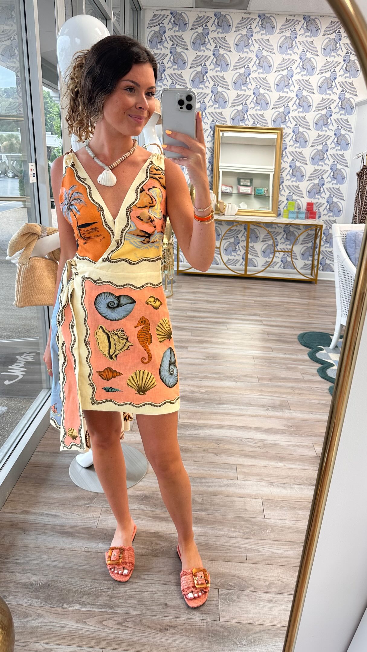 leather corset dress Dara Thin buckled straps fasten Village Shops Vero Beach Color:Brown & Powder Blue Floral Swatch:#DAC472