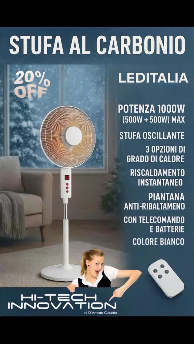 Stufa A Piantana Infrarossi Al Carbonio 900W – Altezza Regolabile 105-120 Cm, Timer 60', 2 Potenze 450/900W