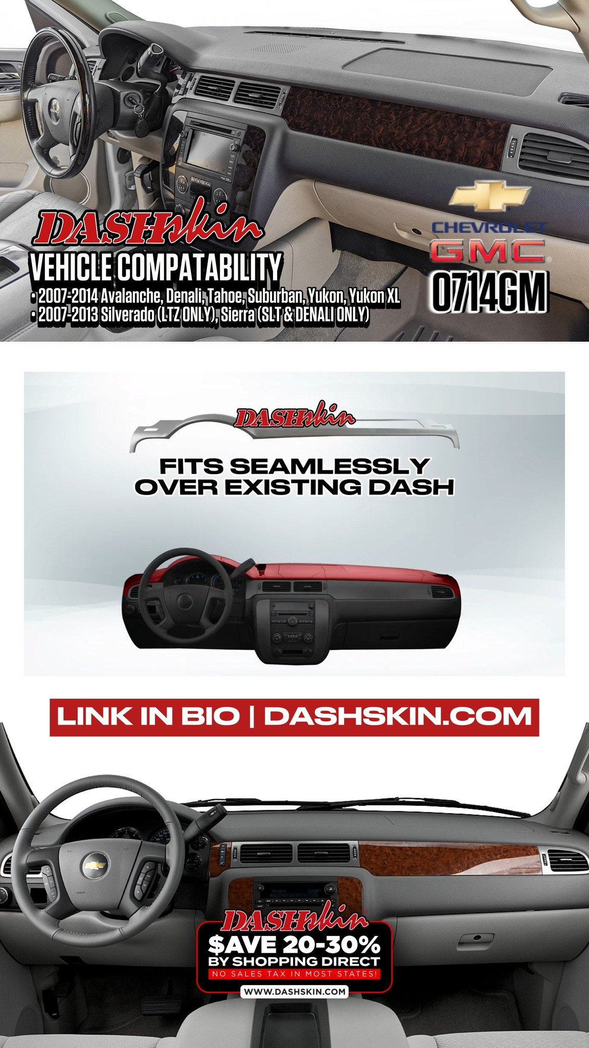 Black Dashboard Cover Pad For 2007-2014 Chevy Tahoe Suburban Avalanche GMC Yukon Sierra