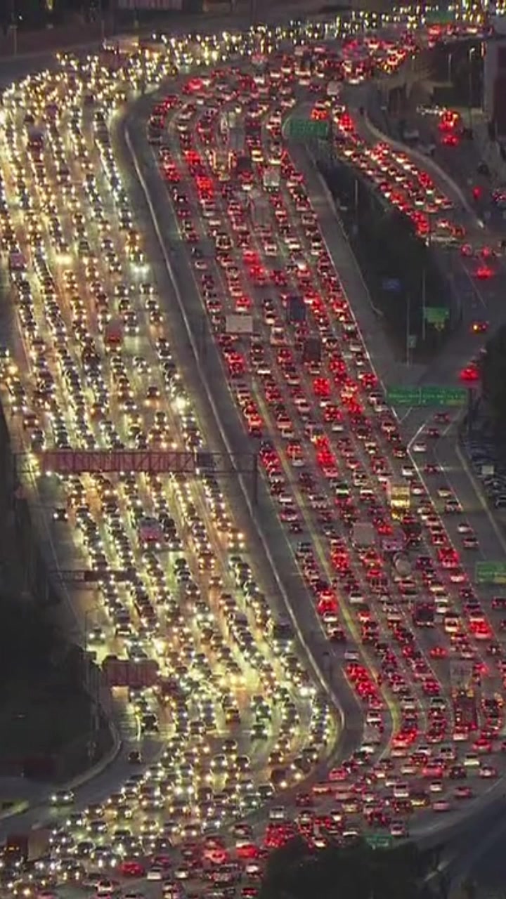 Aerial footage shows traffic gridlock on the 405 Freeway in Los