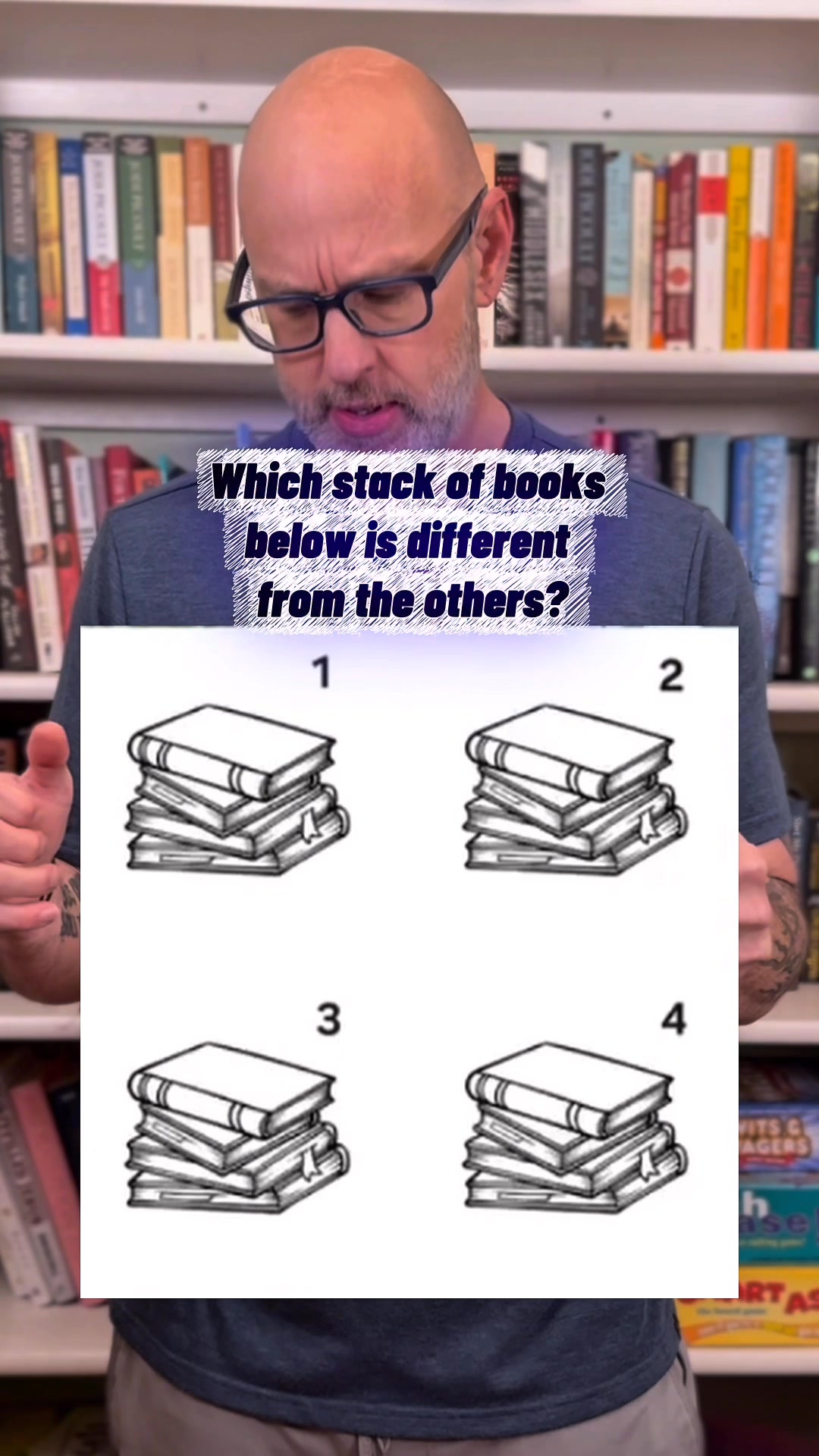 Which stack of books below is different from the others? #brainteaser # ...