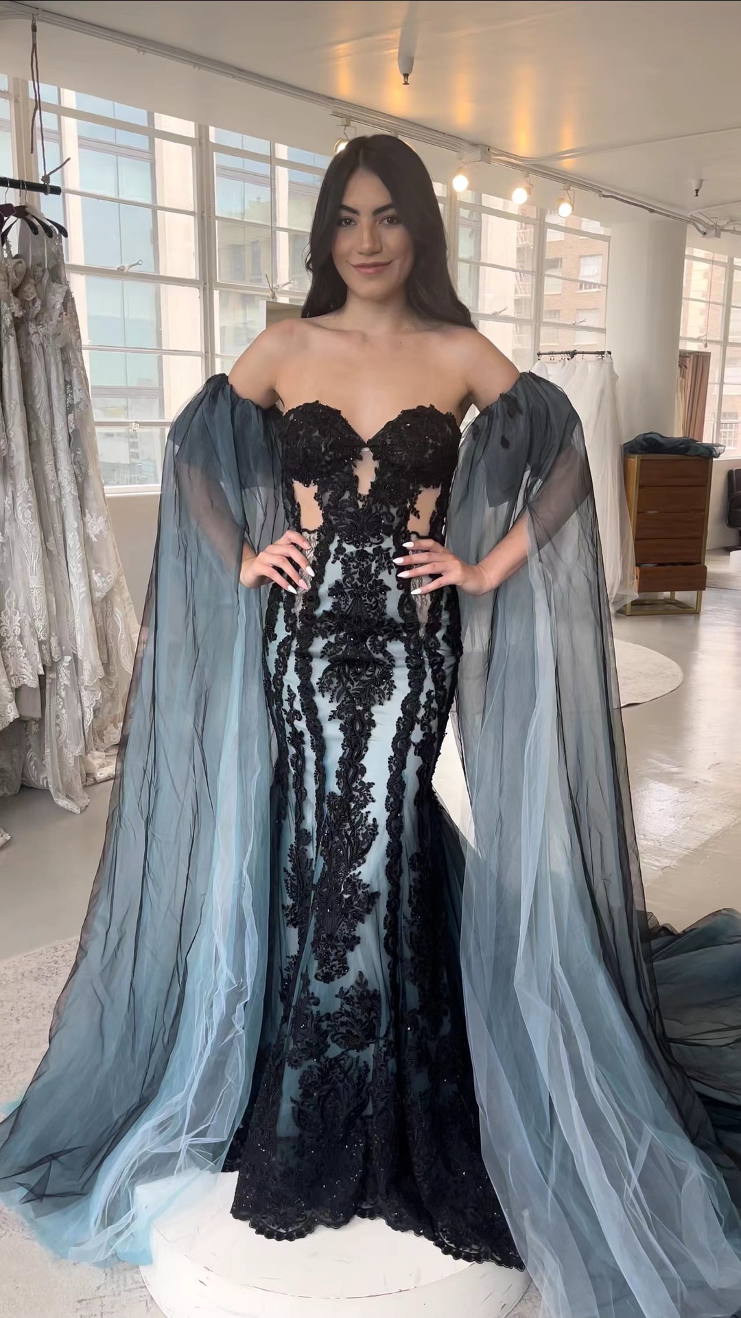 If you needed a sign to go with a gothic wedding dress, this is it! 🖤 #cocomelody #TrueBeautyEmpowered #weddingdressshopping, Model: @bellacolffer, Find Dress #CW2504 here