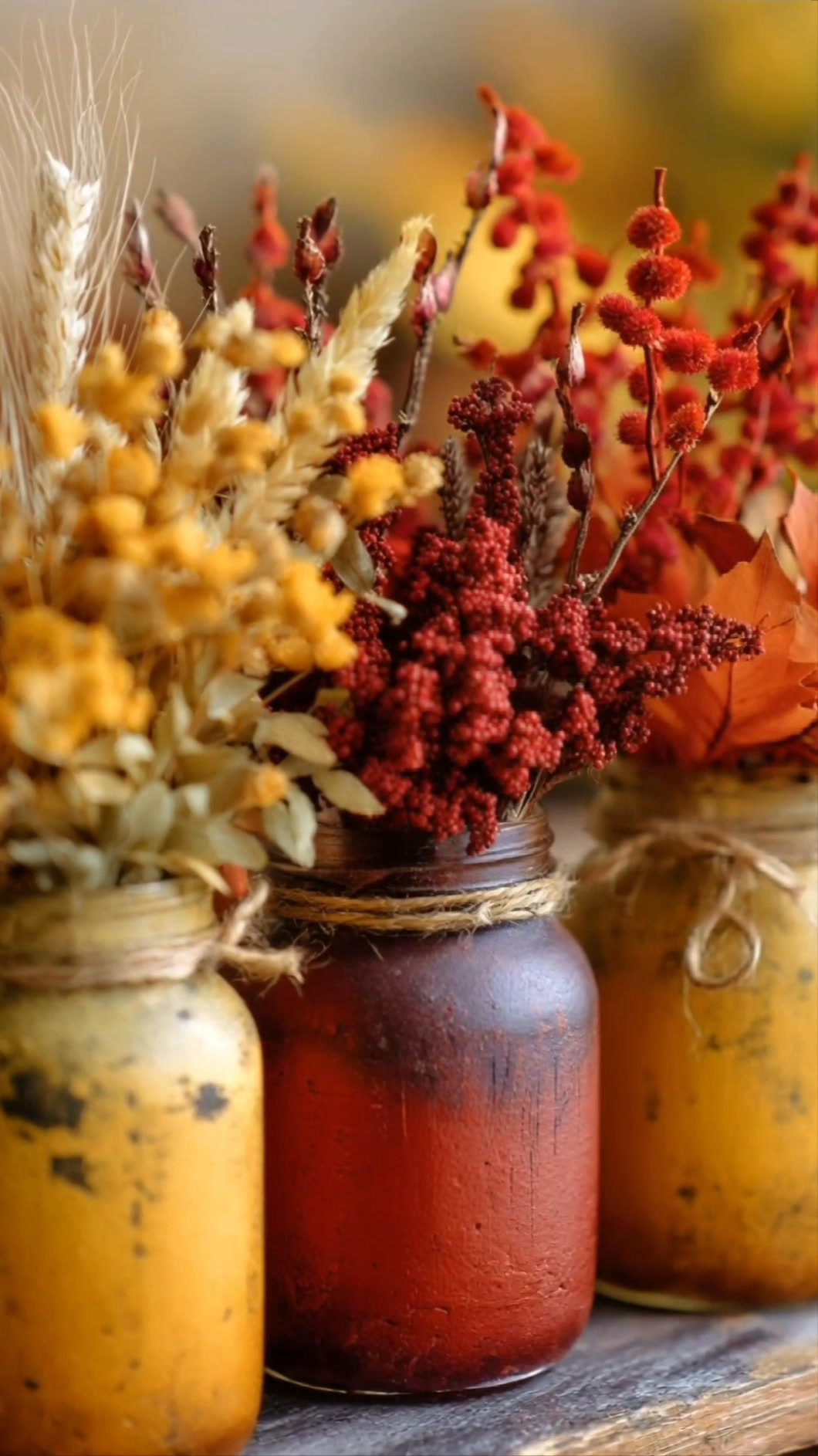 Simple jars, beautiful warmth. 🍂 Paint mason jars in fall colors, wrap ...