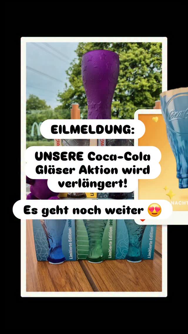 EILMELDUNG:, UNSERE Coca-Cola Gläser Aktion wird verlängert!, Es geht noch weiter 😍 voraussichtlich bis 19.5 aber wie immer: Nur solange der Vorrat reicht!, #gläser #cocacola #grimace #mcdonalds #news