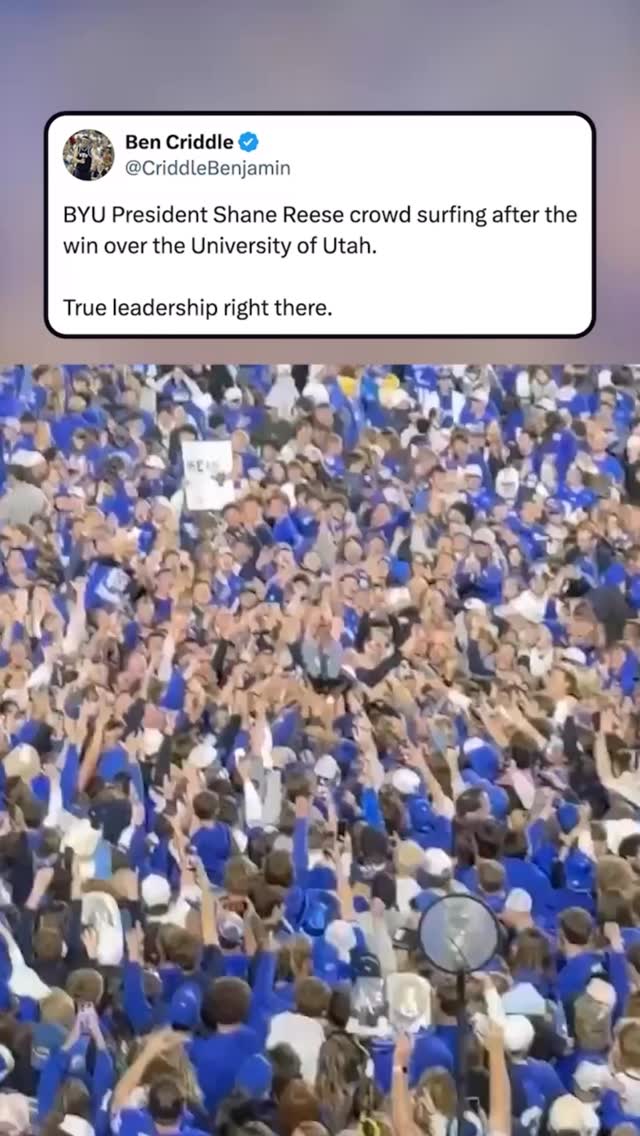 BYU president Shane Reese joined the field storm to crowd surf after ...