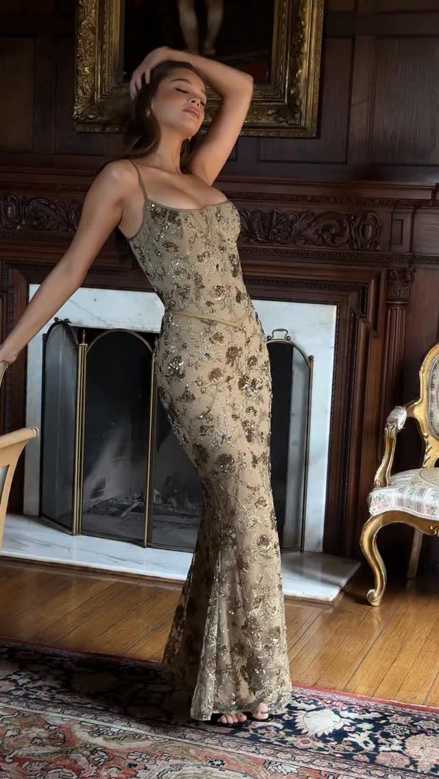 olive bronze head beaded embellished corset maxi dress The Naima in bronze, a hand-beaded limited edition dress✨ Beaded Cutout Prom Dress low_availability_us satin column skirt with Size:20
