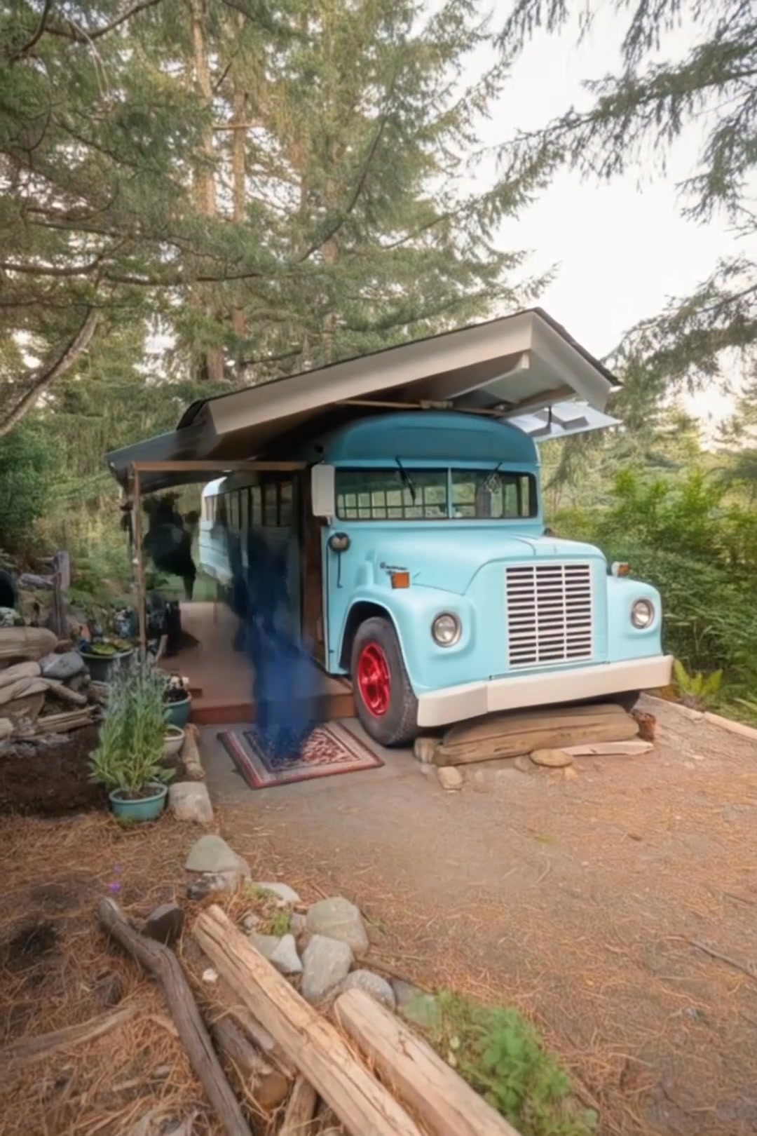 A school bus converted into a modest guest house in a quirky garden.😍 ...