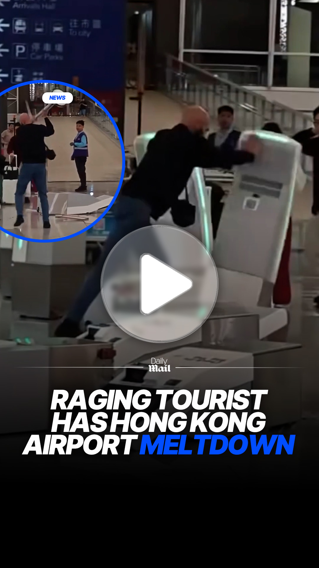 A British man used a metal post to smash check-in desks to pieces ...