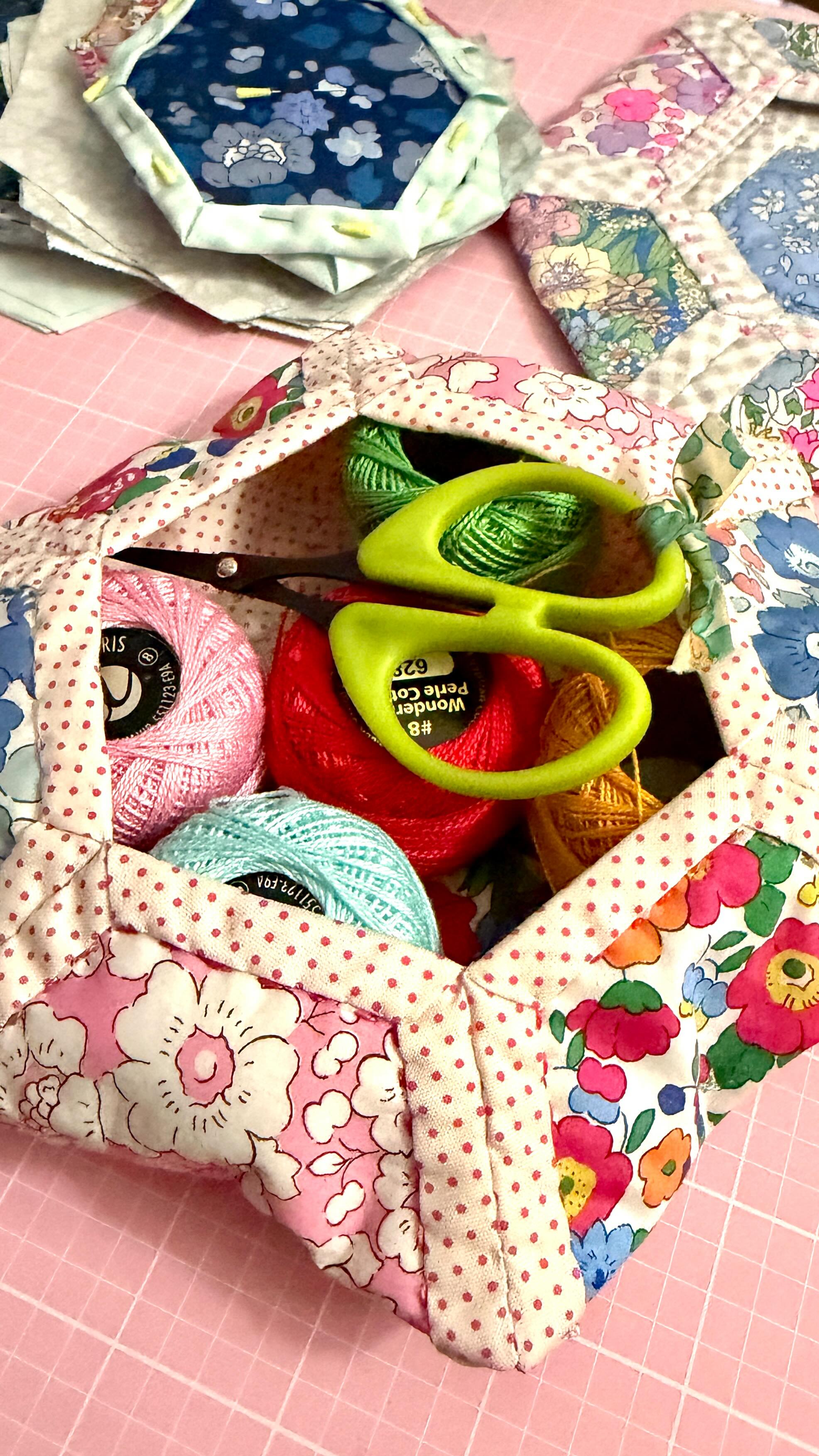 Check out these quilt-as-you-go hexagons that I’m finishing and sewing ...