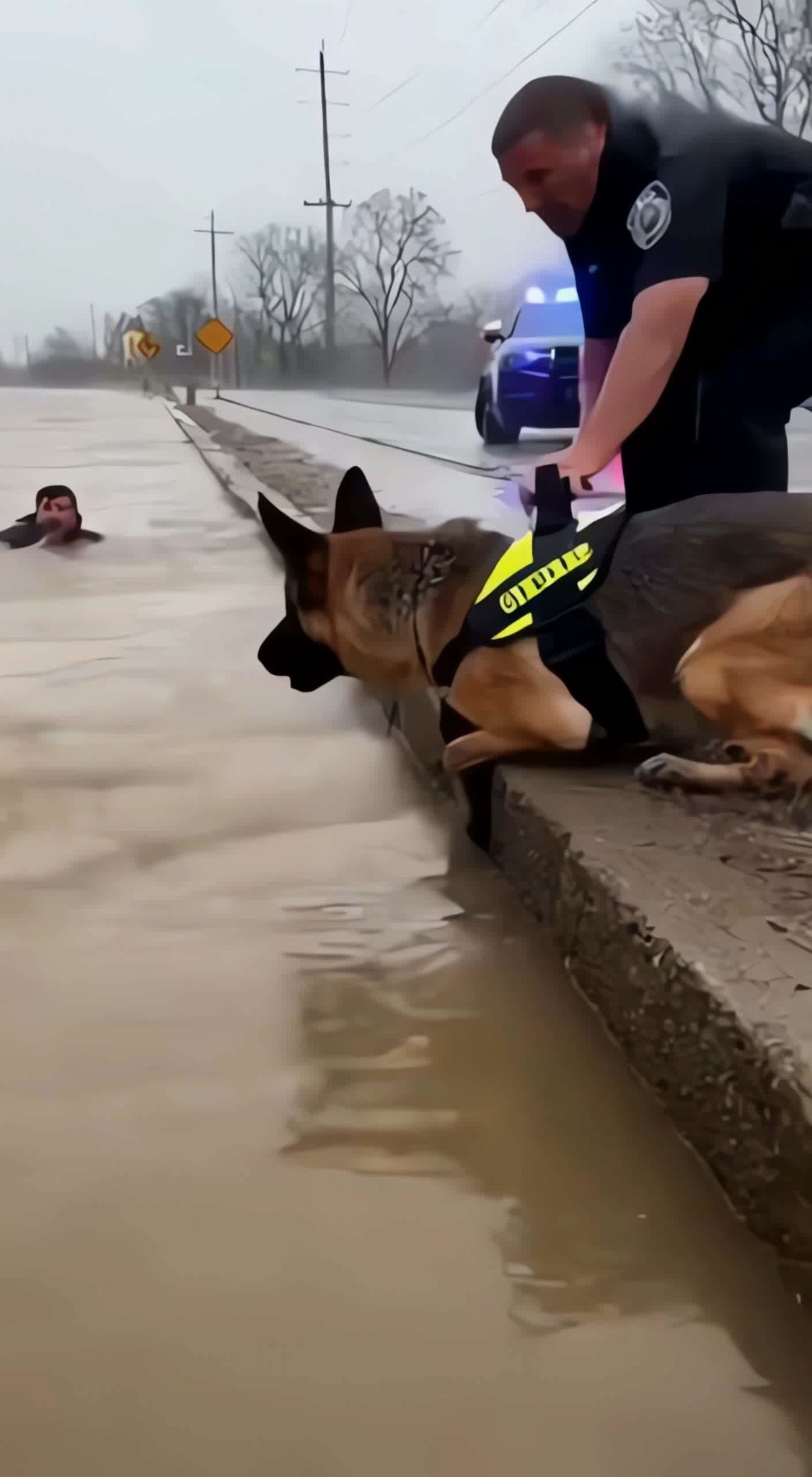 A brave K9 police dog leaps into a raging river to rescue an officer ...