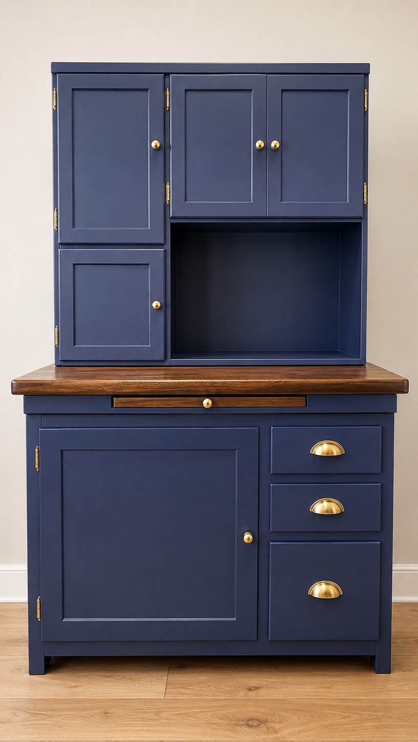 Sometimes the best pieces are the ones that just need a little vision. , This vintage Hoosier cabinet got a fresh new life with a rich, bold blue, warm wood top, and champagne hardware—and I LOVE how 