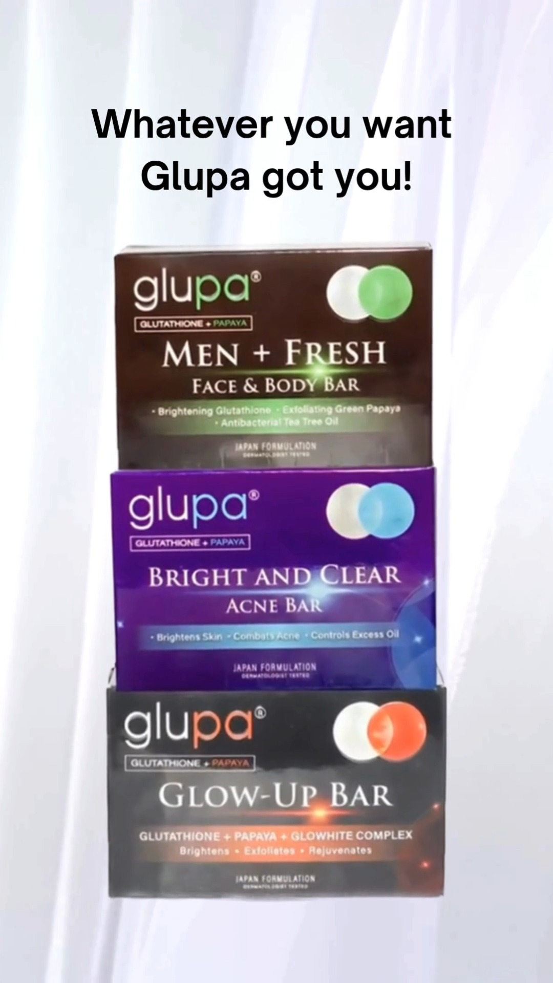 Whatever you want, Glupa has got you! ✨, Whether you're glowing up, staying bright and clear, or keeping it fresh, there's a Glupa soap made just for you., 🧼 Glow Up Bar, 🌿 Bright & Clear, 💙 Men + 