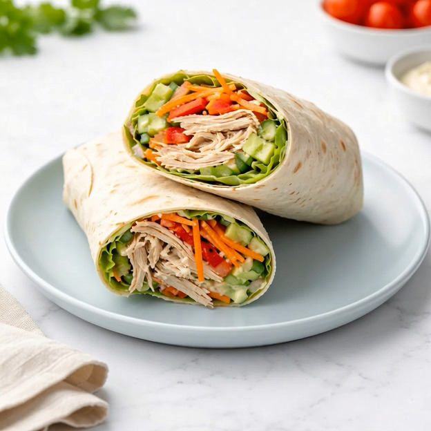 Wrap au poulet rôti, crudités et sauce yaourt Pour 4 personnes Un wrap ...