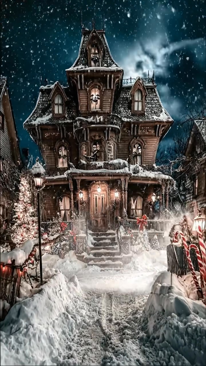 The haunted gingerbread house leaned crookedly in the snow, its candy ...
