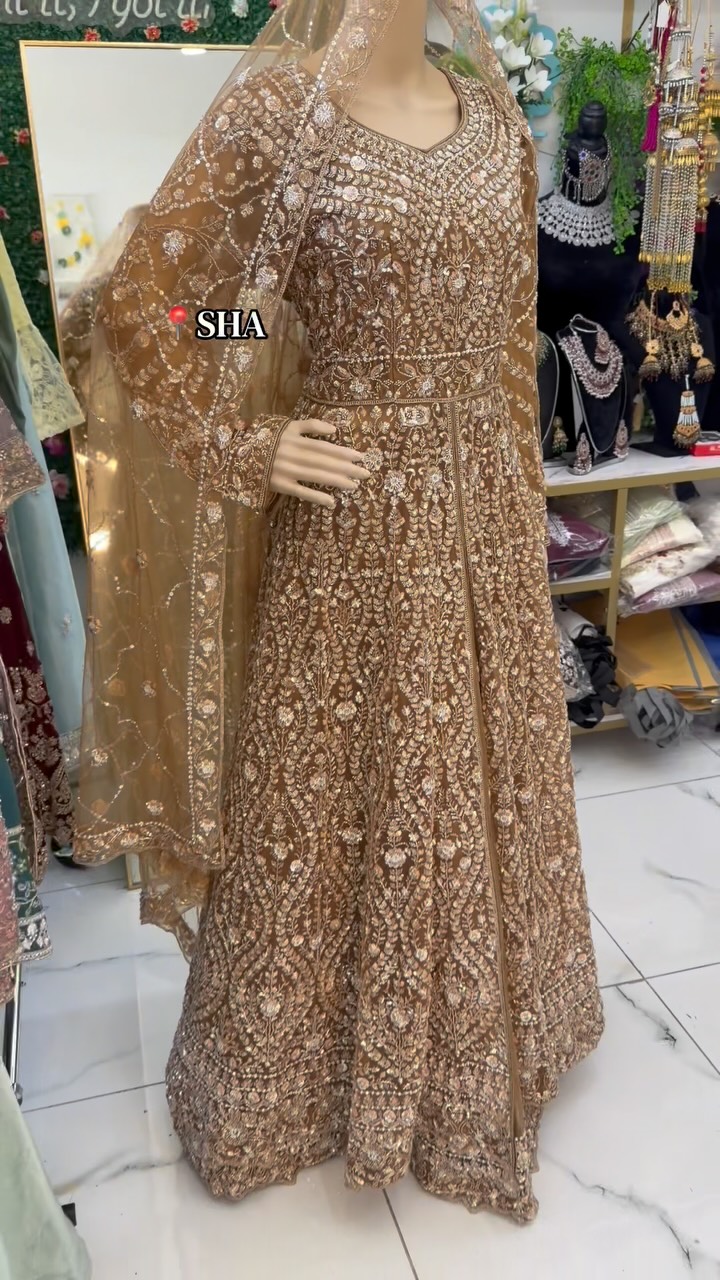 golden nikkah dress A timeless gold masterpiece, perfect for your or engagement. ✨ Ready to wear, beautifully handcrafted, and made to make your special day unforgettable. 🤍, #NikkahDress #EngagementOutfit Indian wedding