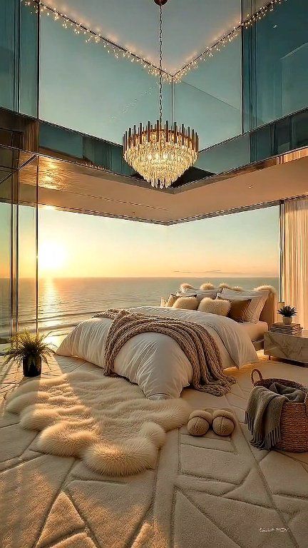 Wake up above the waves. A warm, minimal bedroom wrapped in glass ...