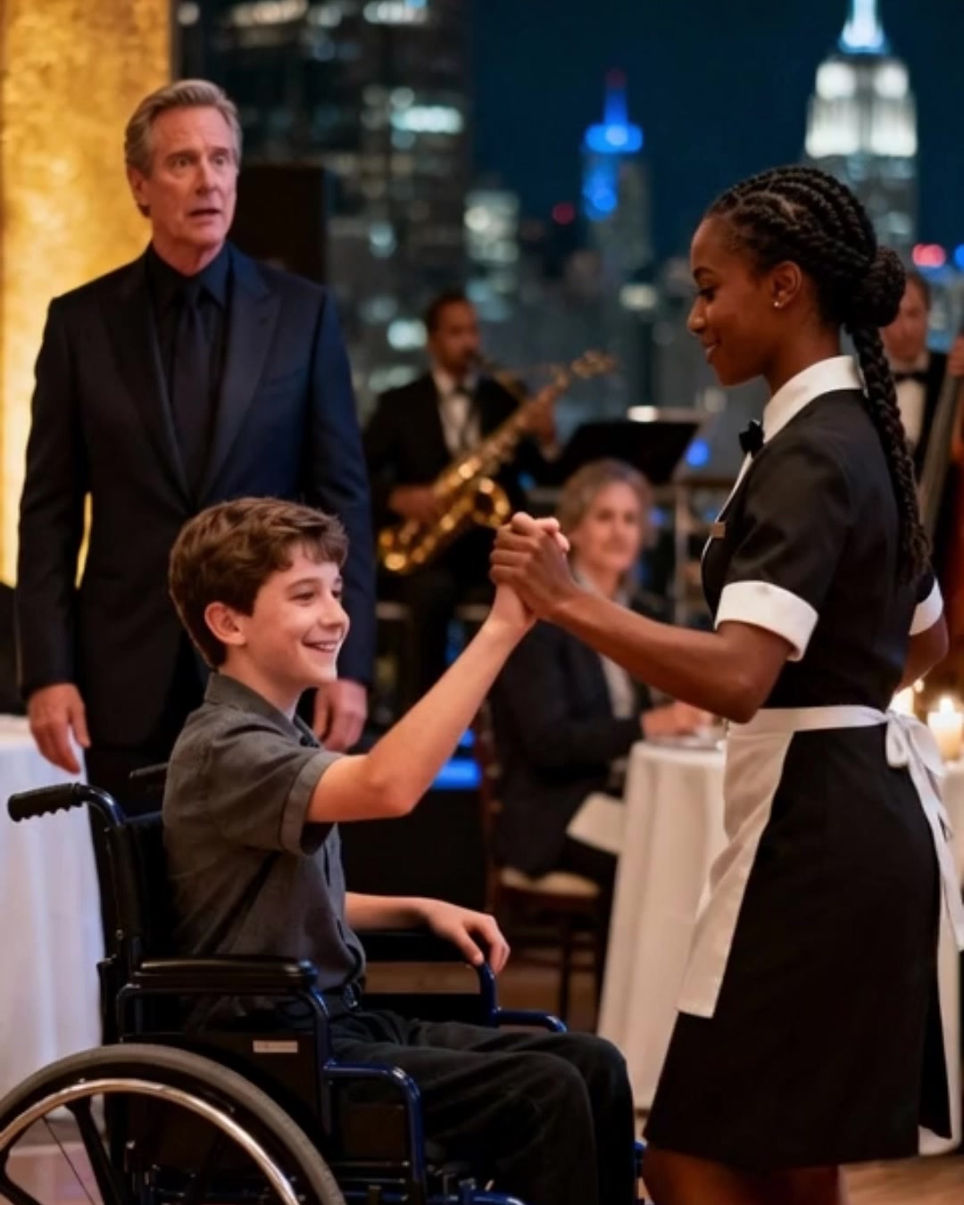 A billionaire father watches a Black waitress let his disabled son lead ...