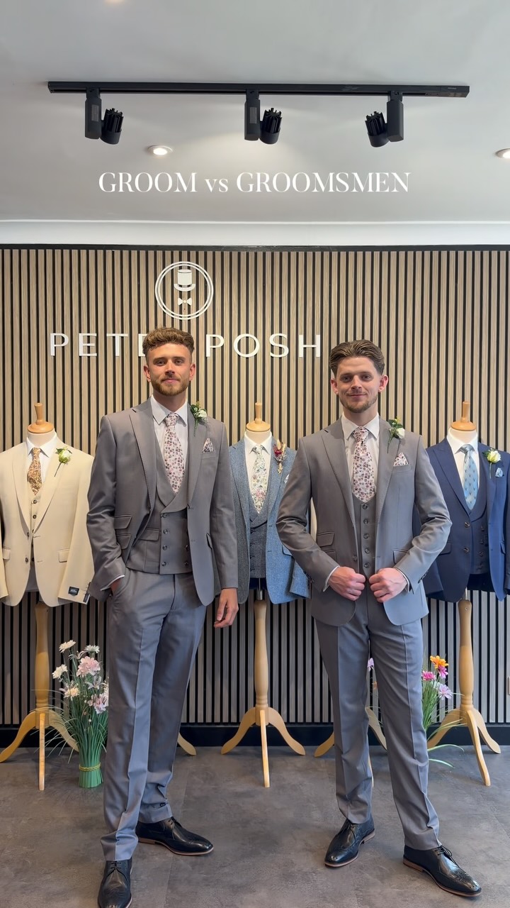 light grey dress accessories Groom vs Groomsmen 👔, One of the easiest ways to make the groom stand out is by changing just one piece of the outfit. For this look, the groom wears our double-breasted waistcoat, while the groomsmen print mesh dress