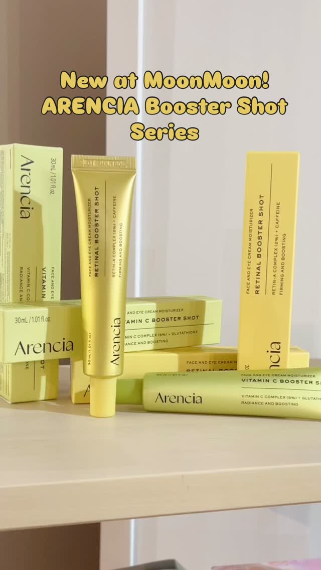 ✨💛 New at MoonMoon! ARENCIA Booster Shot Series 💛✨, Targeted care. Powerful results. Small bottle, big impact 💥, 🌙 ARENCIA Retinal Booster Shot, ✨ Helps smooth fine lines & improve skin texture, 💫 