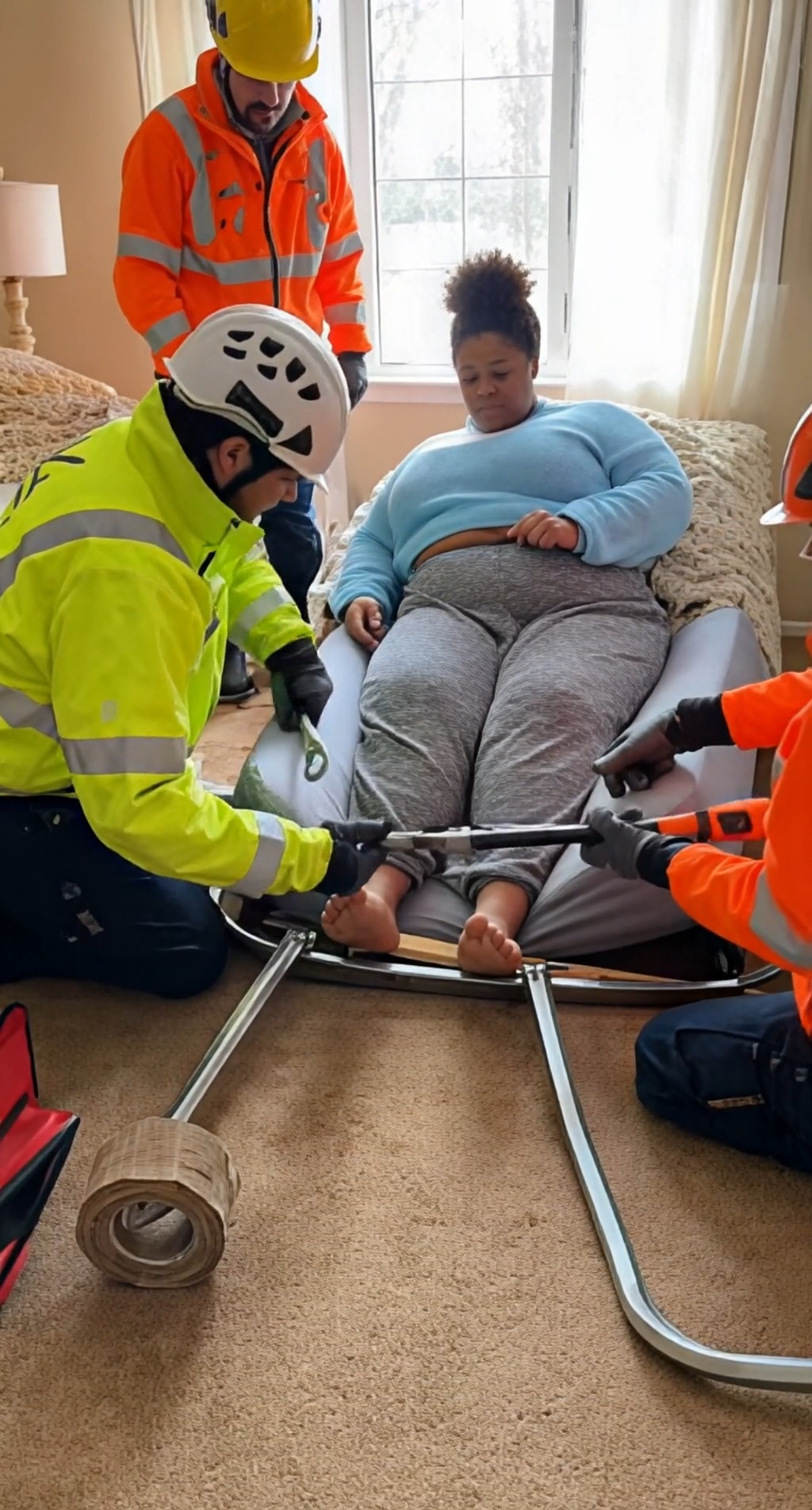 A woman is trapped within a collapsed bed. The mattress has sunken ...