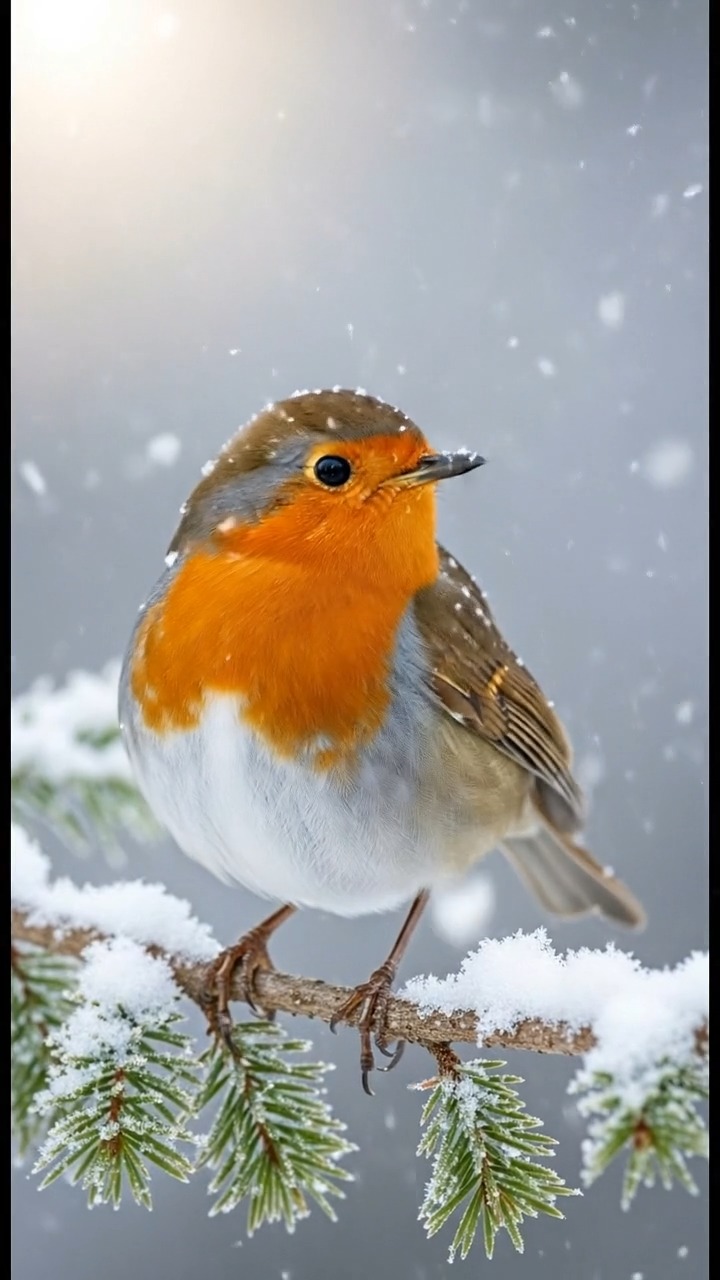 European Robin Perched on Snowy Branch Amid Falling Flakes and Sunlight ...