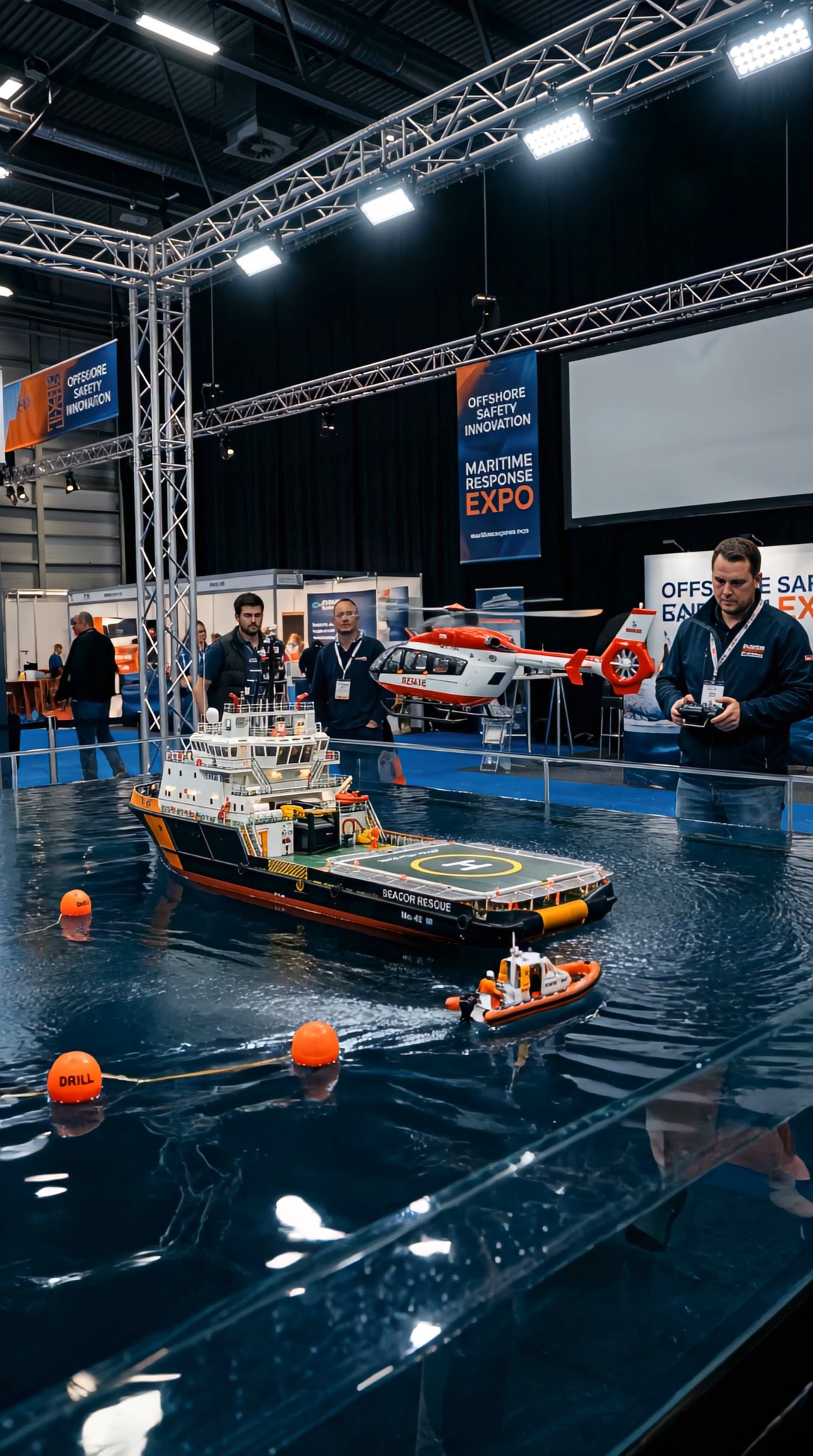 A highly detailed RC offshore rescue vessel conducts a safety drill ...